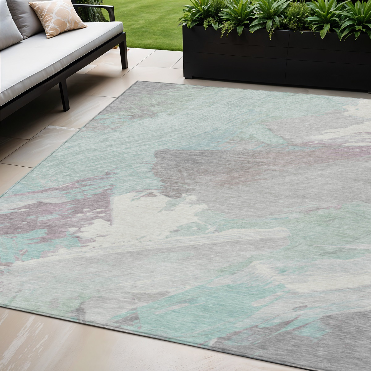 611247 5 x 8 ft. Blue Teal Blue & Gray Abstract Washable Indoor & Outdoor Rectangle Area Rug