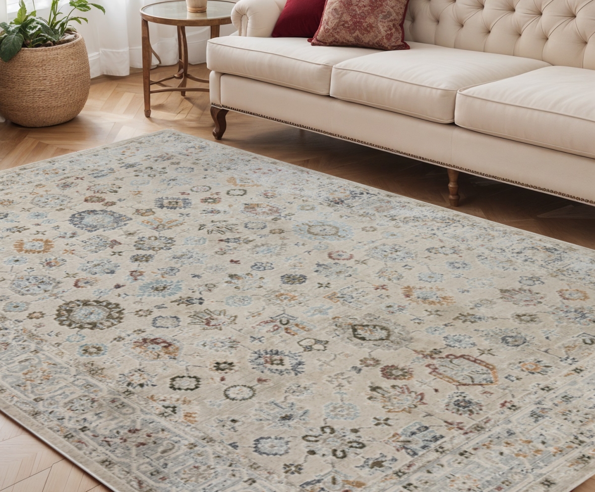 570809 5 x 8 ft. Ivory Blue & Gray Floral Medallion Rectangle Area Rug
