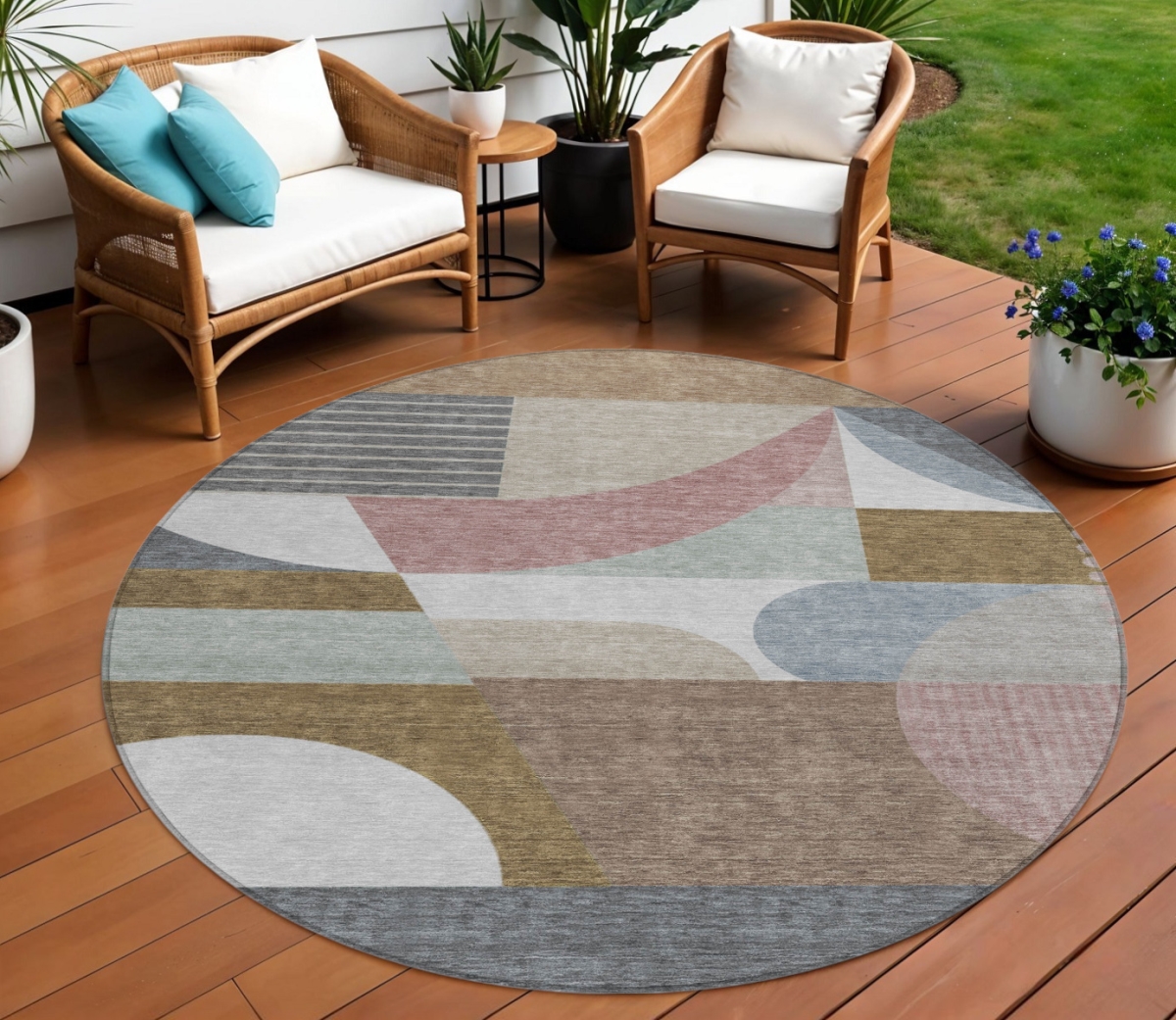 616732 8 ft. Brown Ivory & Mauve Round Geometric Washable Indoor & Outdoor Area Rug