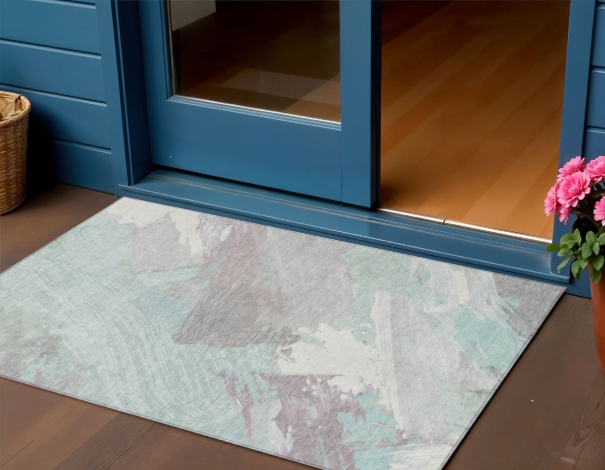 611246 3 x 5 ft. Blue Teal Blue & Gray Abstract Washable Indoor & Outdoor Rectangle Area Rug