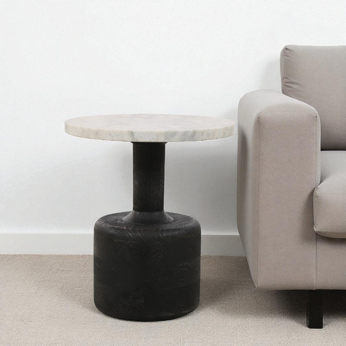 605356 21 in. White & Black Distressed Marble & Solid Wood Round Pedestal End Table