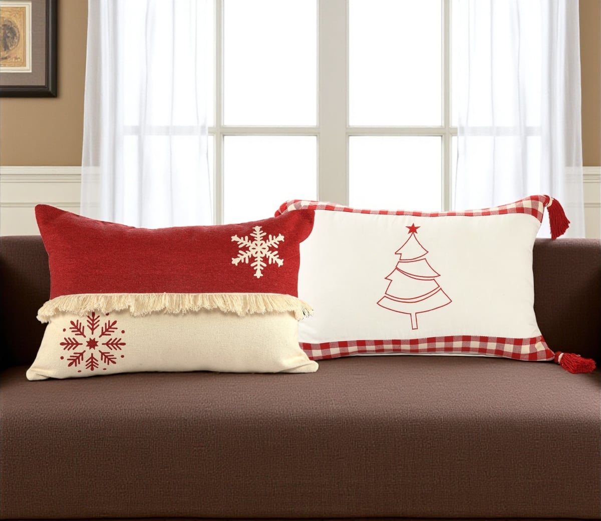 588351 Red & White Lumbar Christmas Cotton Throw Pillow Covers - Set of 2