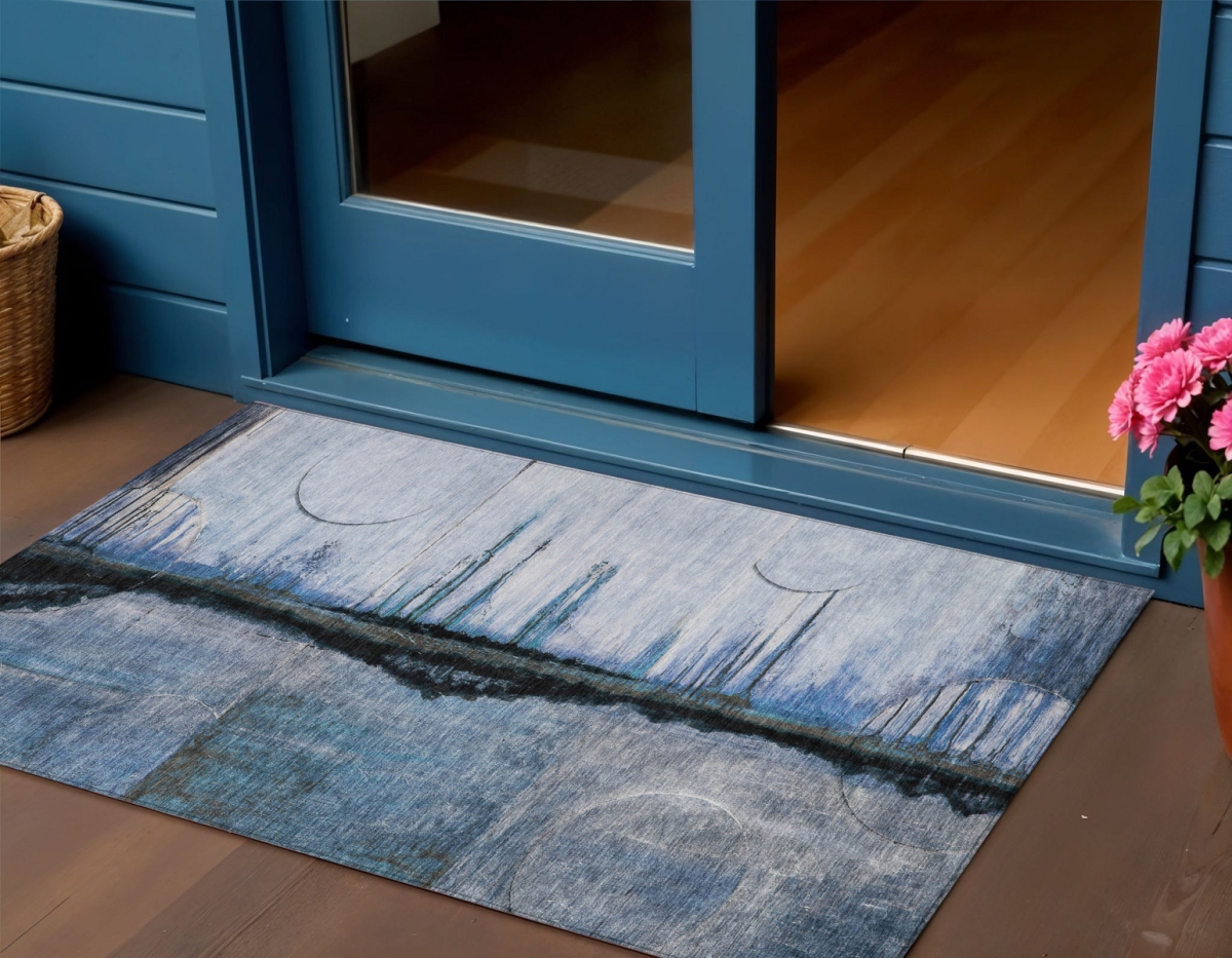 630465 3 x 5 ft. Blue & Charcoal Abstract Washable Indoor & Outdoor Rectangle Area Rug
