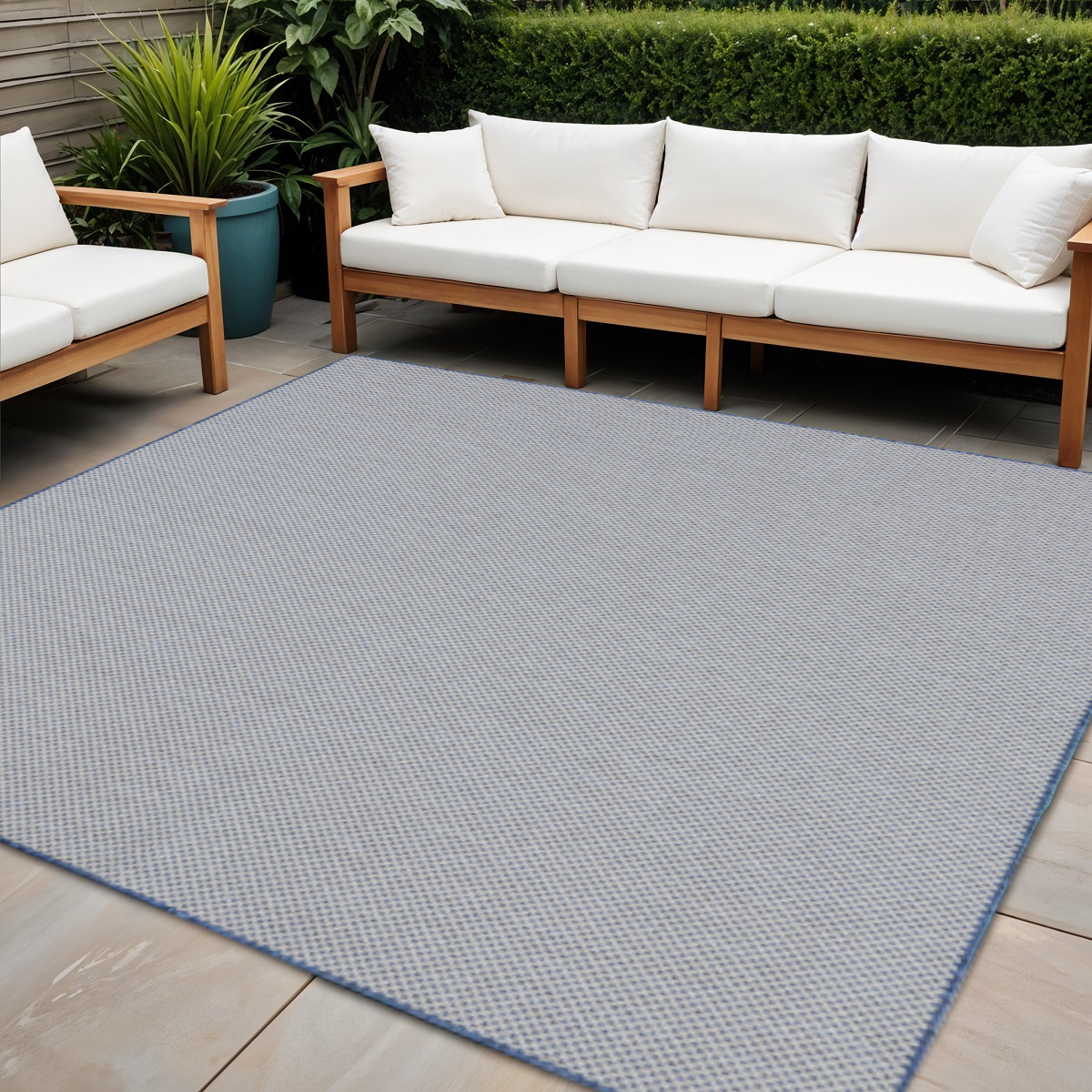 552356 6 ft. Ivory & Blue Square Geometric Indoor & Outdoor Area Rug