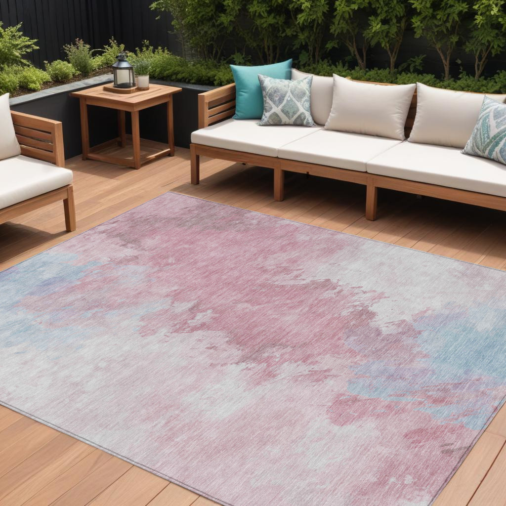617394 10 x 14 ft. Blush Ivory & Blue Abstract Washable Indoor & Outdoor Rectangle Area Rug