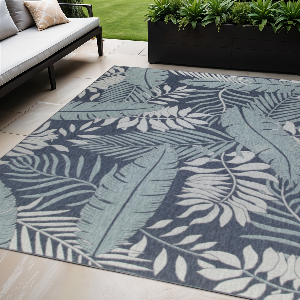 573231 10 x 14 ft. Navy Blue Floral Indoor & Outdoor Rectangle Area Rug