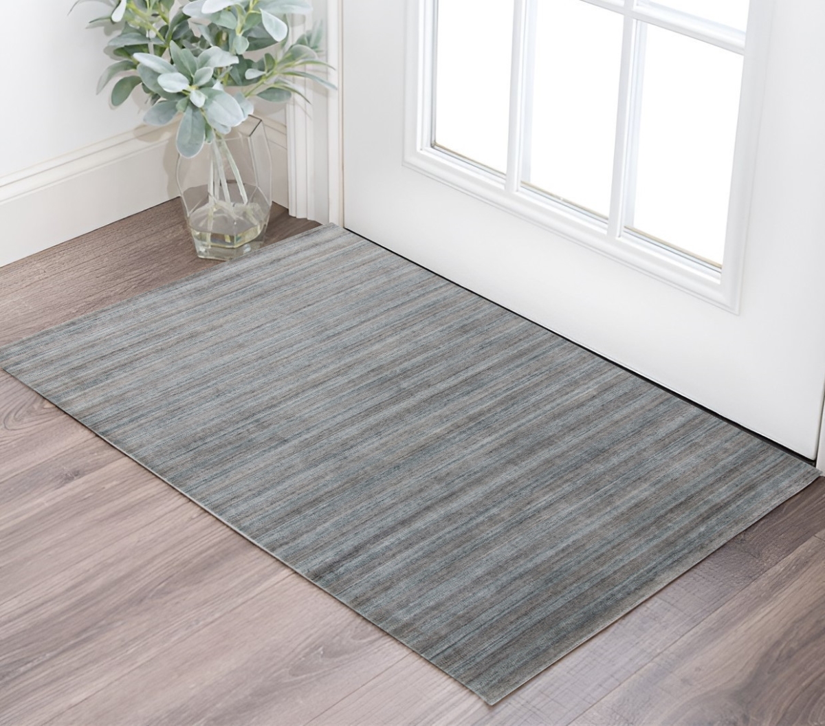 570794 2 x 3 ft. Gray & Blue Wool Striped Hand Woven Rectangle Area Rug