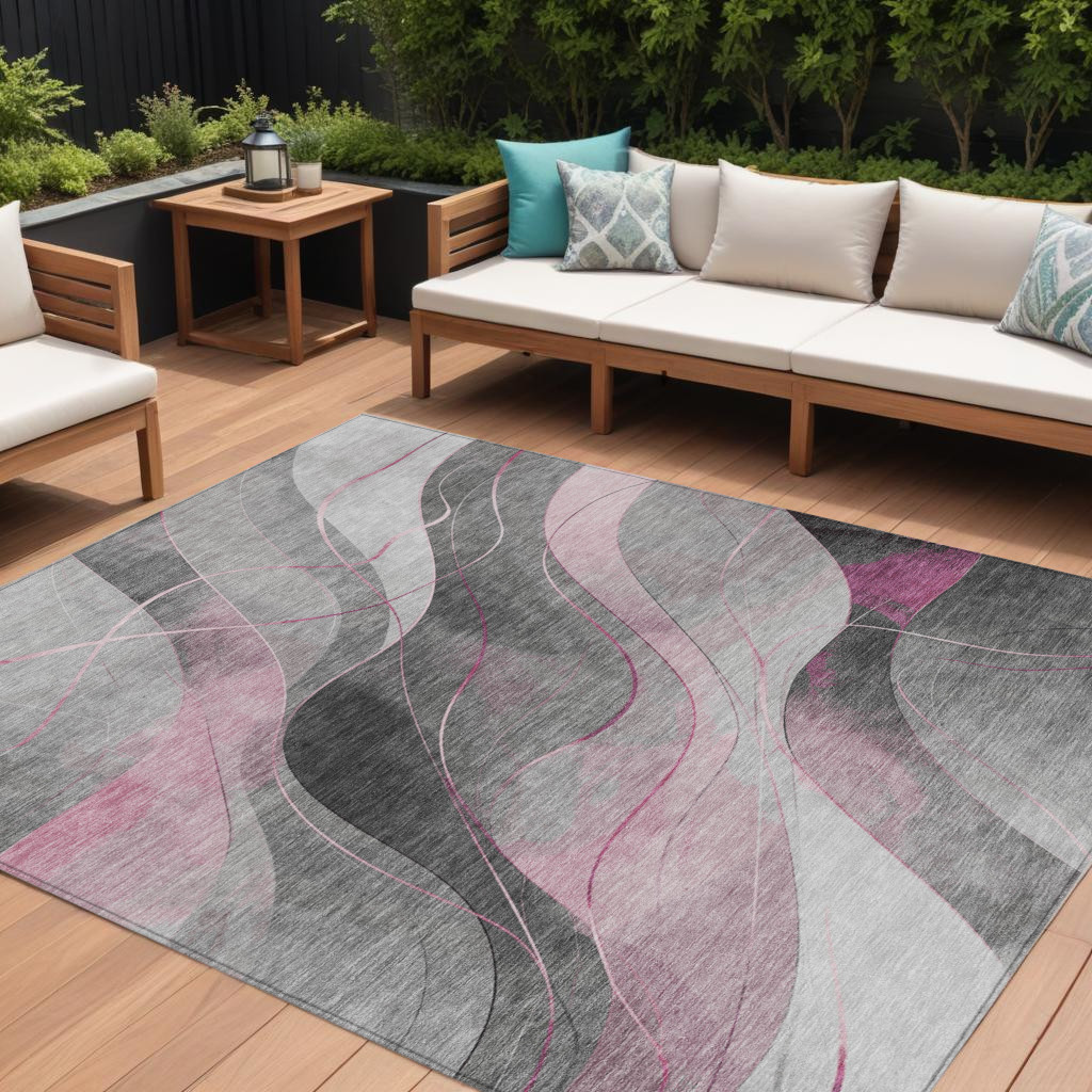 616765 10 x 14 ft. Pink Gray & Silver Abstract Washable Indoor & Outdoor Rectangle Area Rug