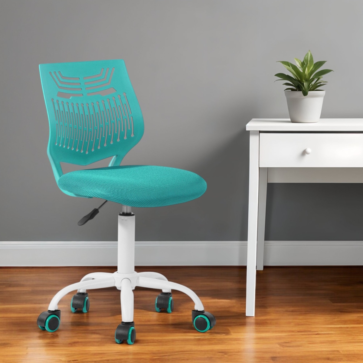 568081 Turquoise & White Adjustable Height Swivel Rolling Office Chair