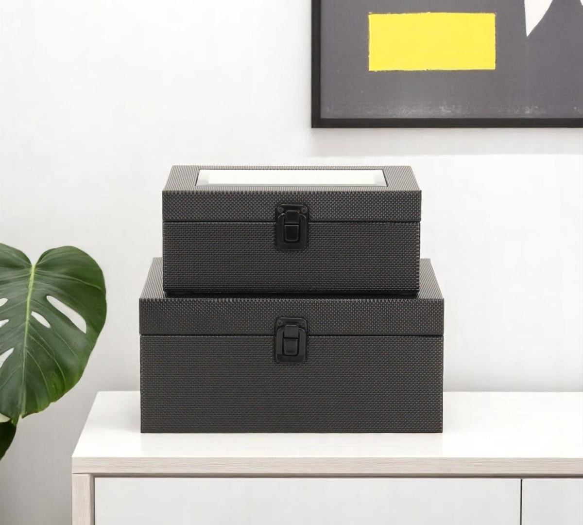 630410 Black Faux Leather & Mirrored Glass Jewelry Boxes - Set of 2