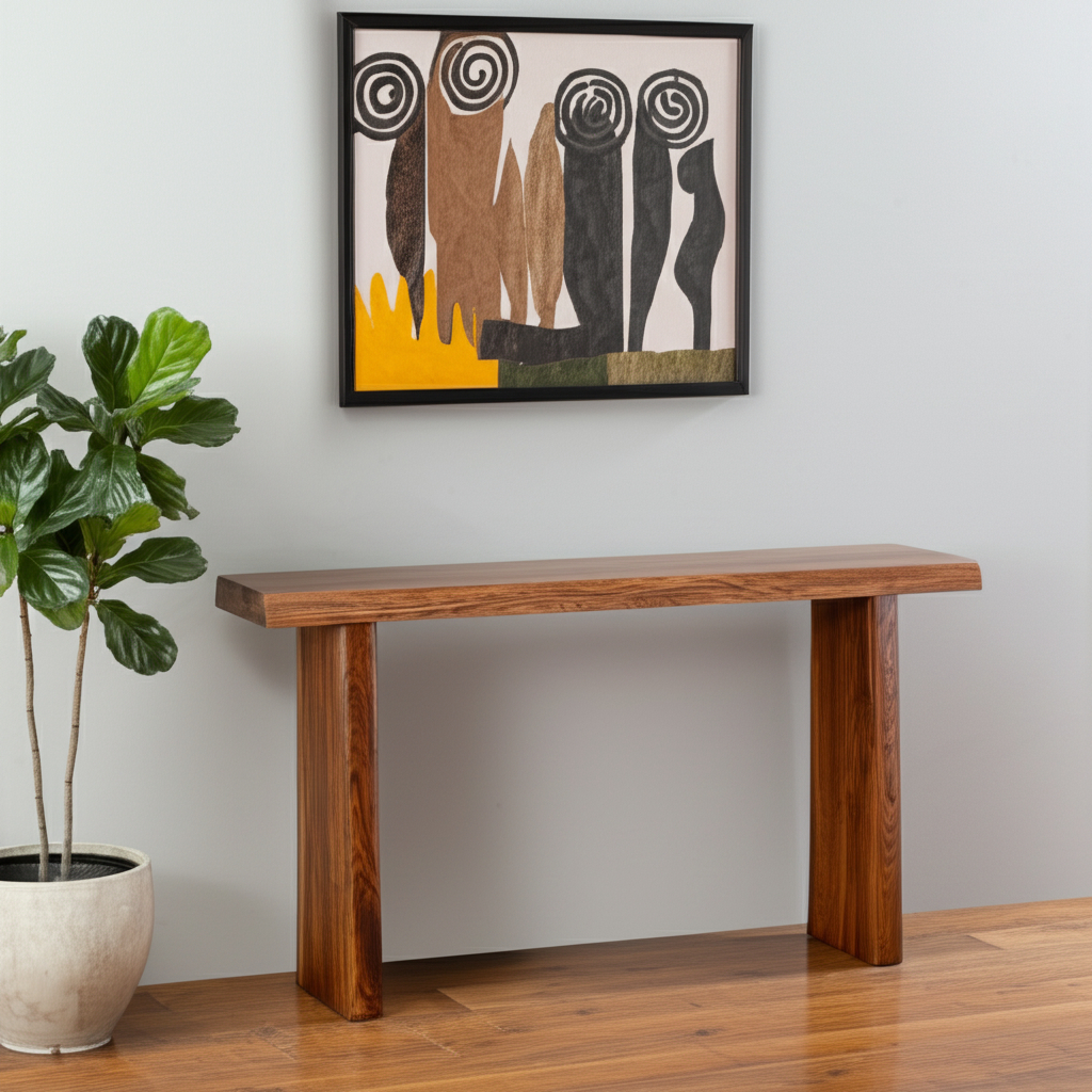 565299 60 in. Brown Solid Wood Double Pedestal Live Edge Console Table