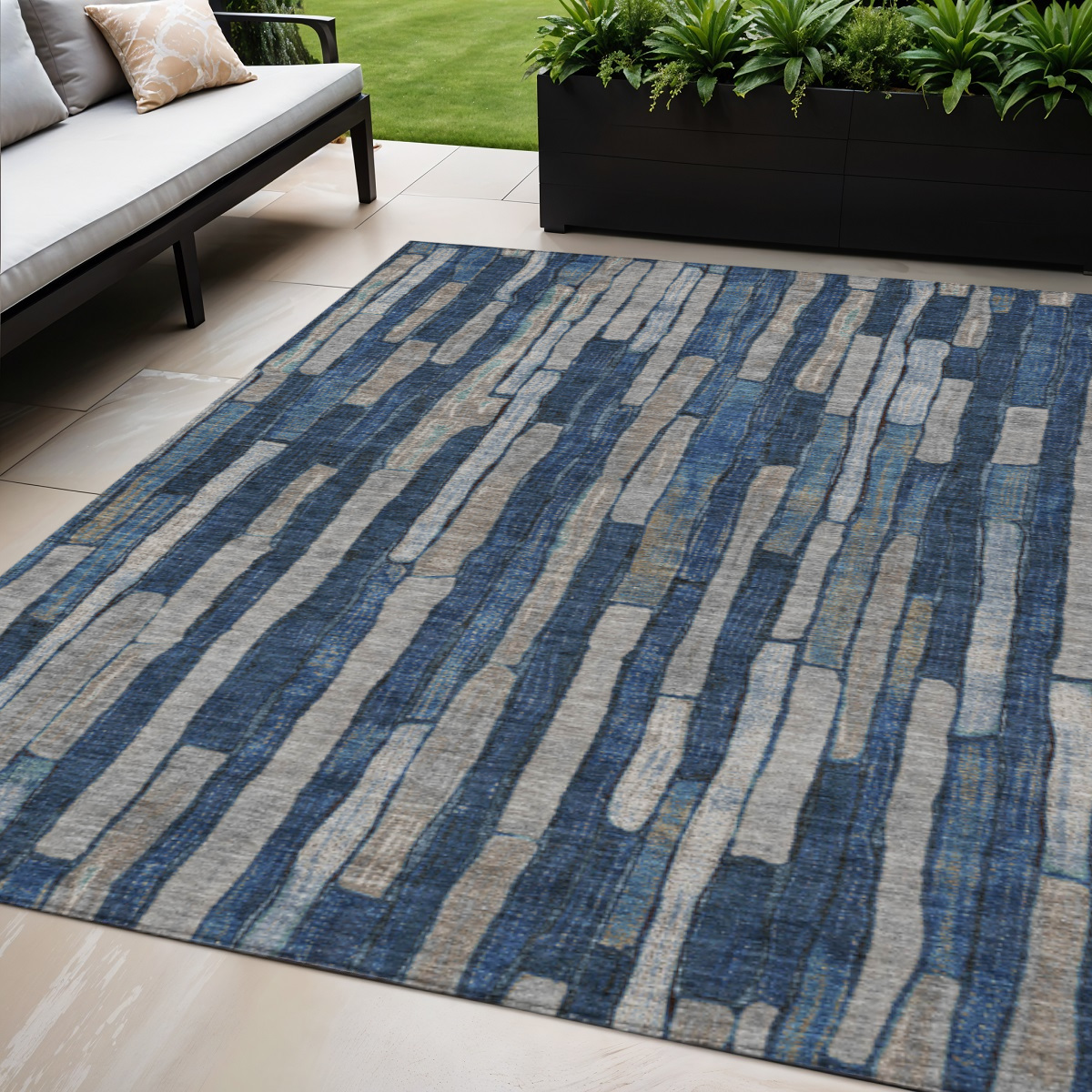 608953 5 x 8 ft. Navy Blue & Denim Blue Striped Washable Indoor & Outdoor Rectangle Area Rug