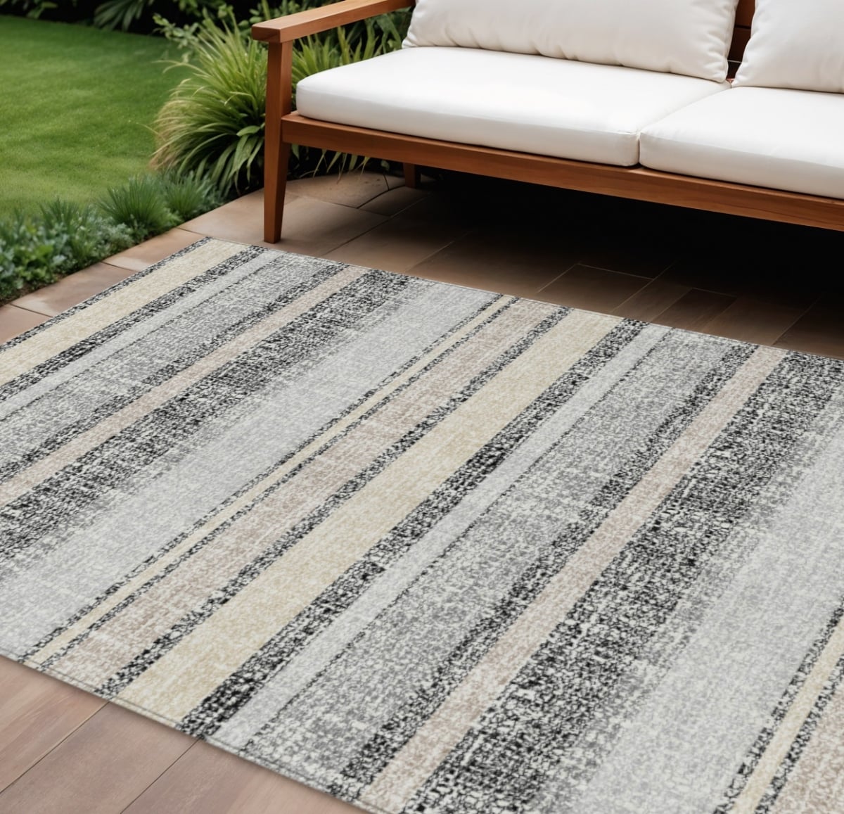 632202 10 x 14 ft. Black & Silver Striped Washable Indoor & Outdoor Rectangle Area Rug