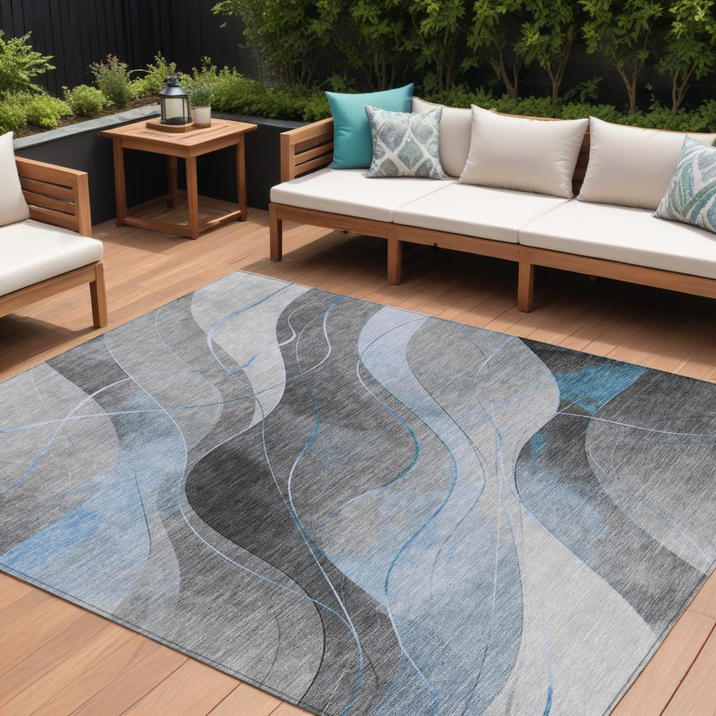 616769 8 x 10 ft. Sky Blue Gray & Silver Abstract Washable Indoor & Outdoor Rectangle Area Rug