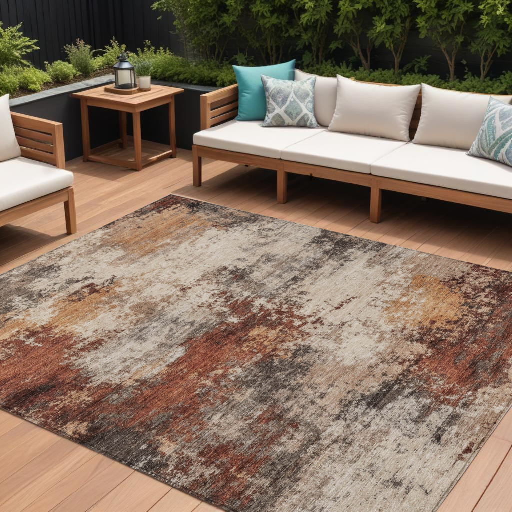 630630 8 x 10 ft. Rust & Beige Abstract Washable Indoor & Outdoor Rectangle Area Rug