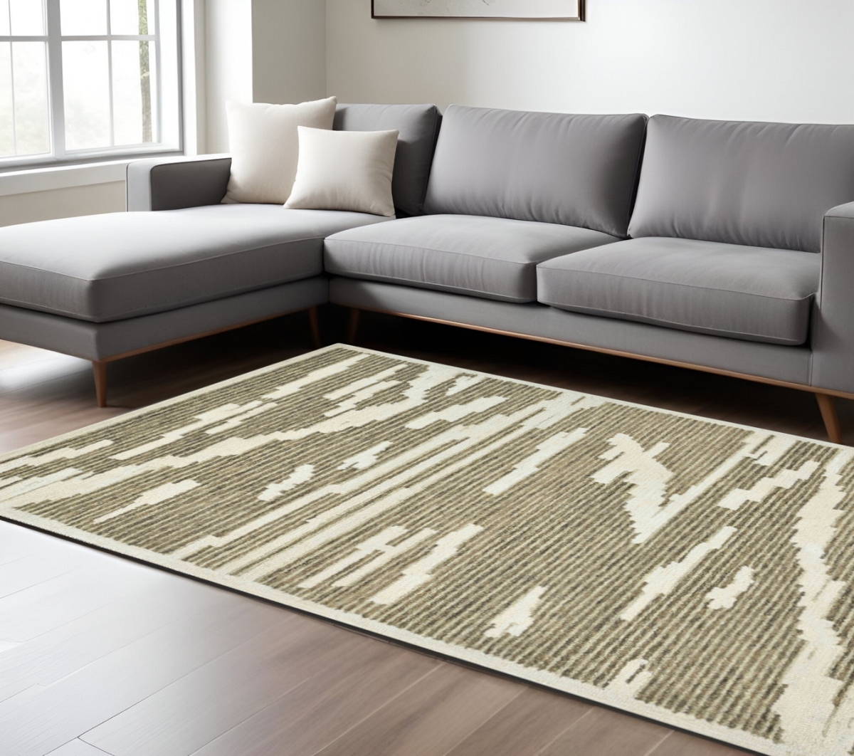 570370 9 x 13 ft. Beige & Brown Wool Abstract Hand Hooked Rectangle Area Rug