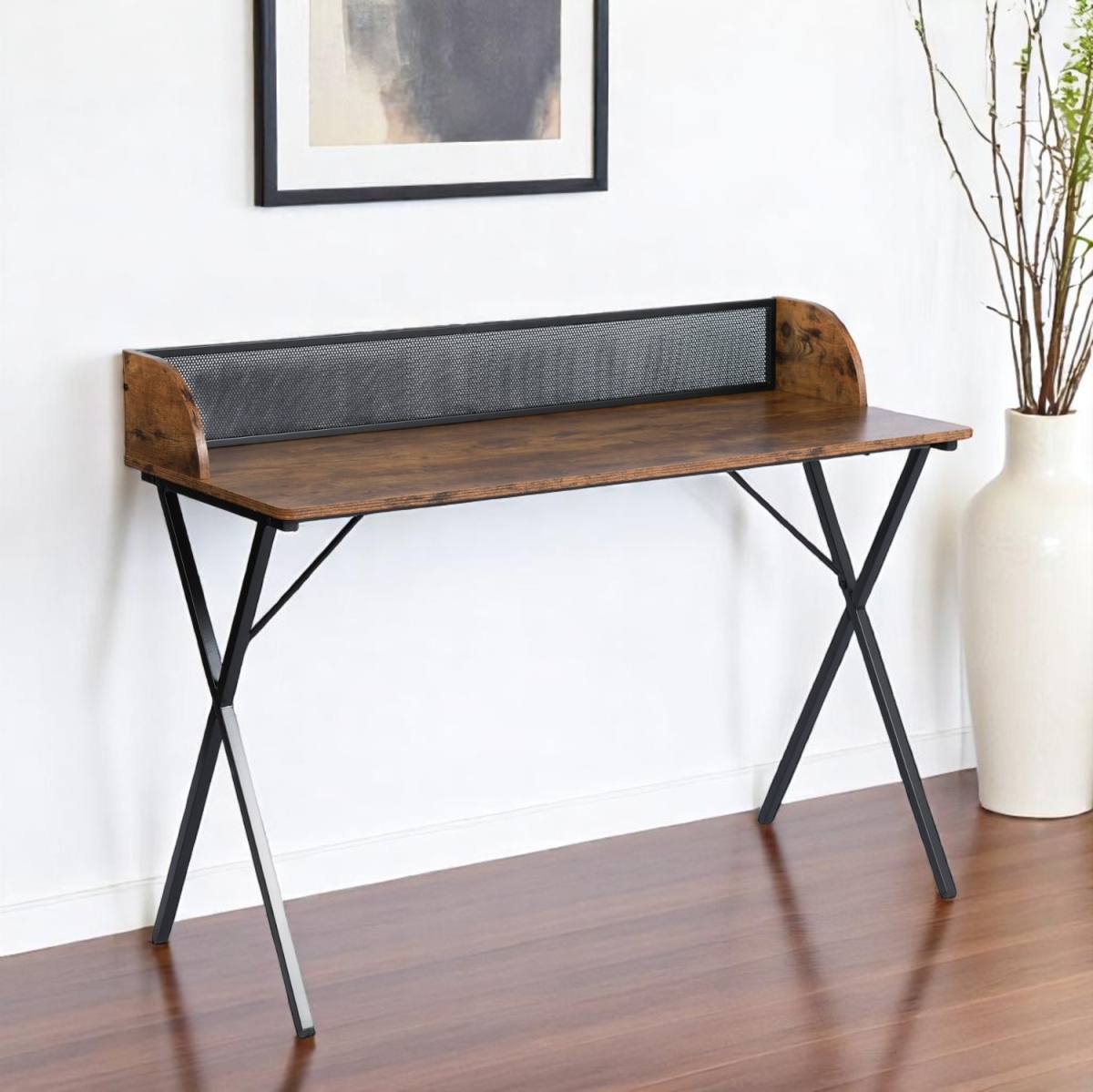 568036 47 in. Brown & Black Wood & Metal X-Shape Computer Desk