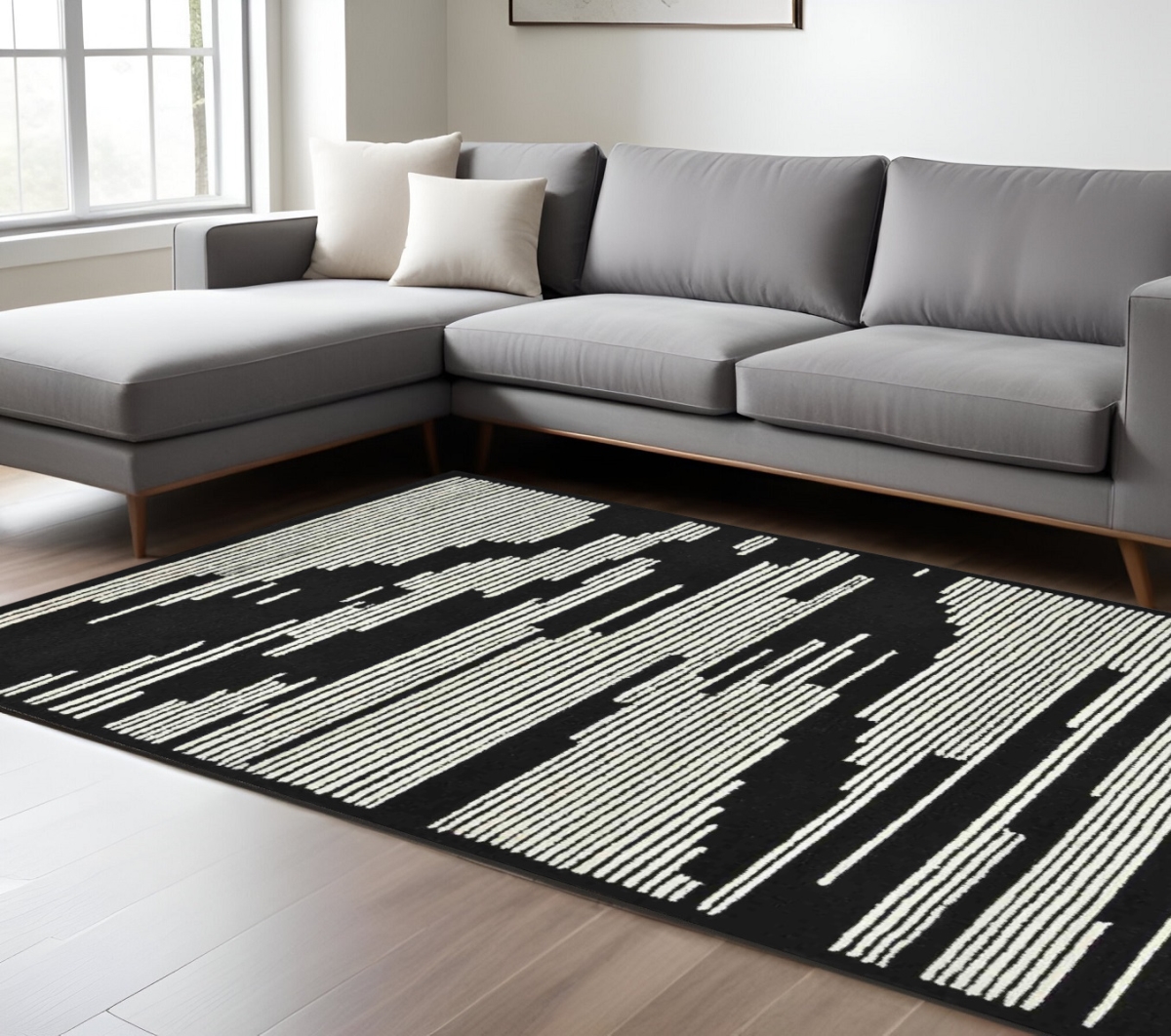 570390 9 x 13 ft. Black & Ivory Wool Abstract Hand Hooked Rectangle Area Rug