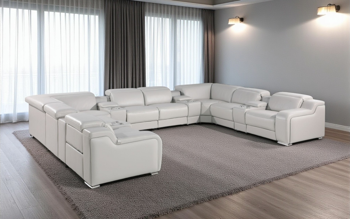 632552 Light Gray Italian Leather Power Reclining U Shaped 12 Piece Corner Sectional with Console