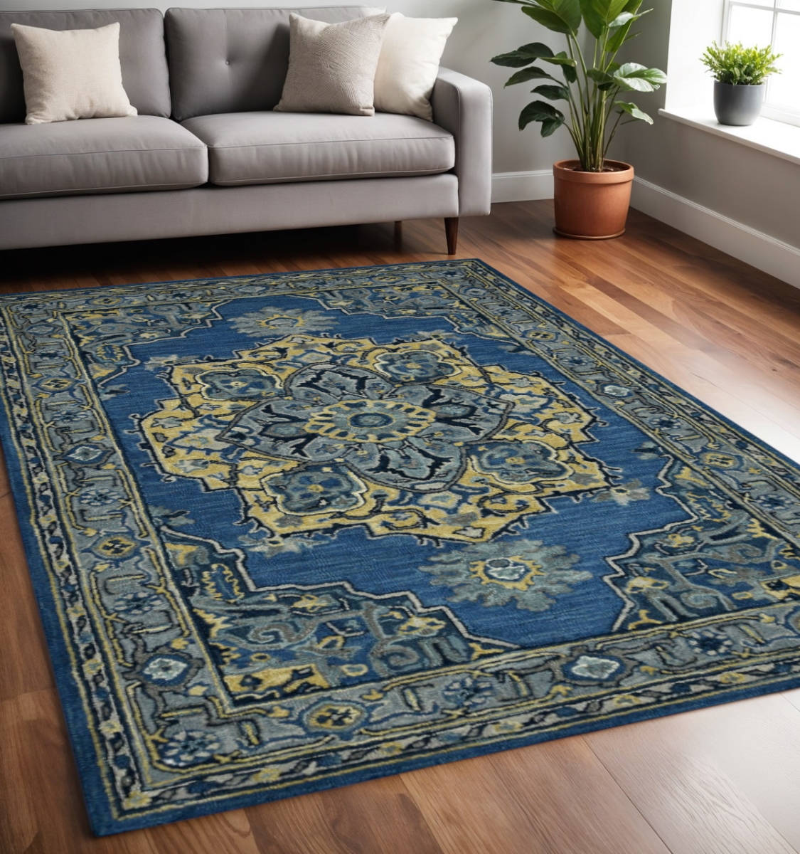 570707 5 ft. x 8 ft. Teal & Gray Wool Medallion Hand Tufted Area Rug