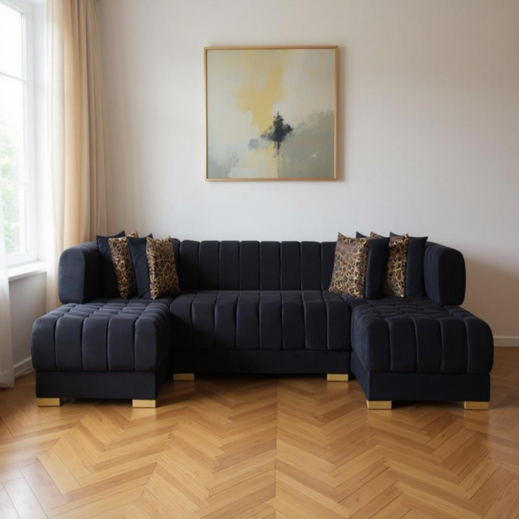 643884 Black Velvet U Shaped 3 Piece Sofa & Chaise Sectional with Toss Pillows