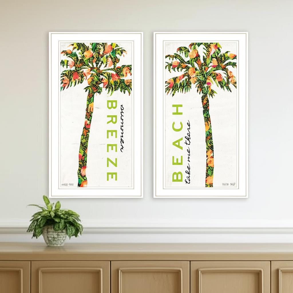 568515 Summer Breeze Funky Palm Trees White Framed Wall Art - Set of 2