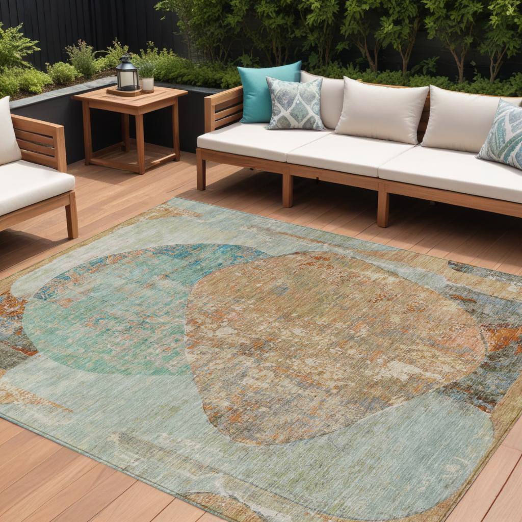 615721 10 x 14 ft. Teal Blue & Copper Abstract Washable Indoor & Outdoor Rectangle Area Rug