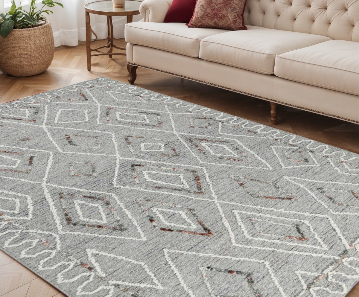 570332 5 x 8 ft. Gray, Ivory & Rust Wool Geometric Hand Hooked Rectangle Area Rug