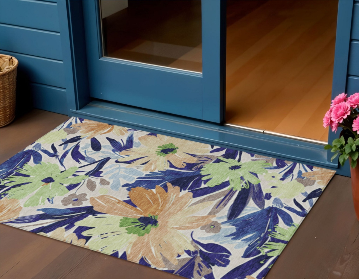 610986 3 x 5 ft. Navy Blue & Beige Floral Washable Indoor & Outdoor Rectangle Area Rug