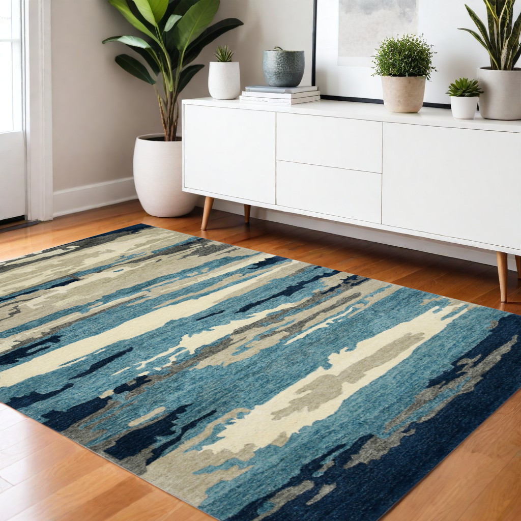 570756 4 x 6 ft. Wool Abstract Hand Tufted Rectangle Area Rug, Blue Gray & Ivory