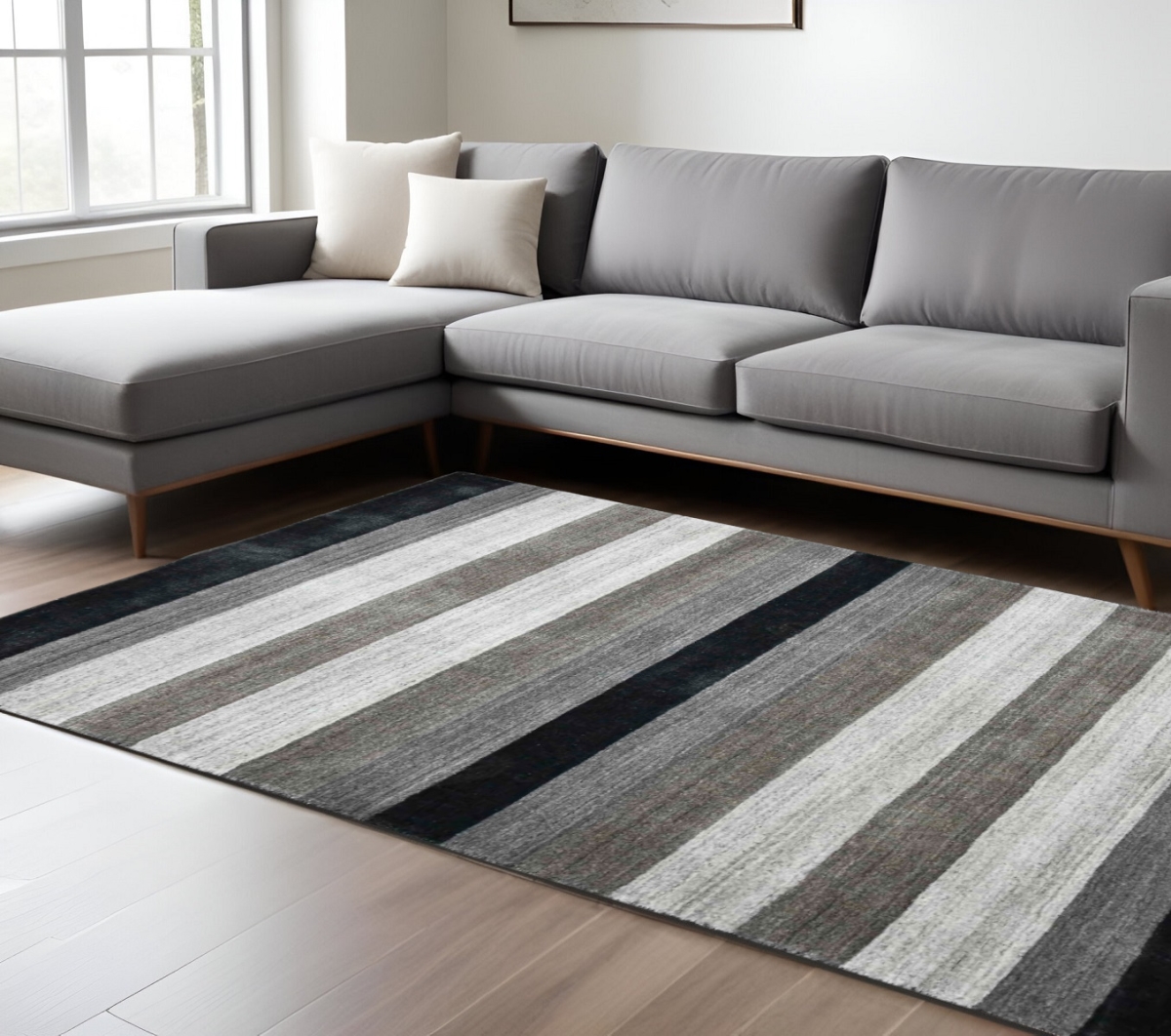 570678 8 x 10 ft. Wool Striped Hand Woven Rectangle Area Rug, Black & Gray