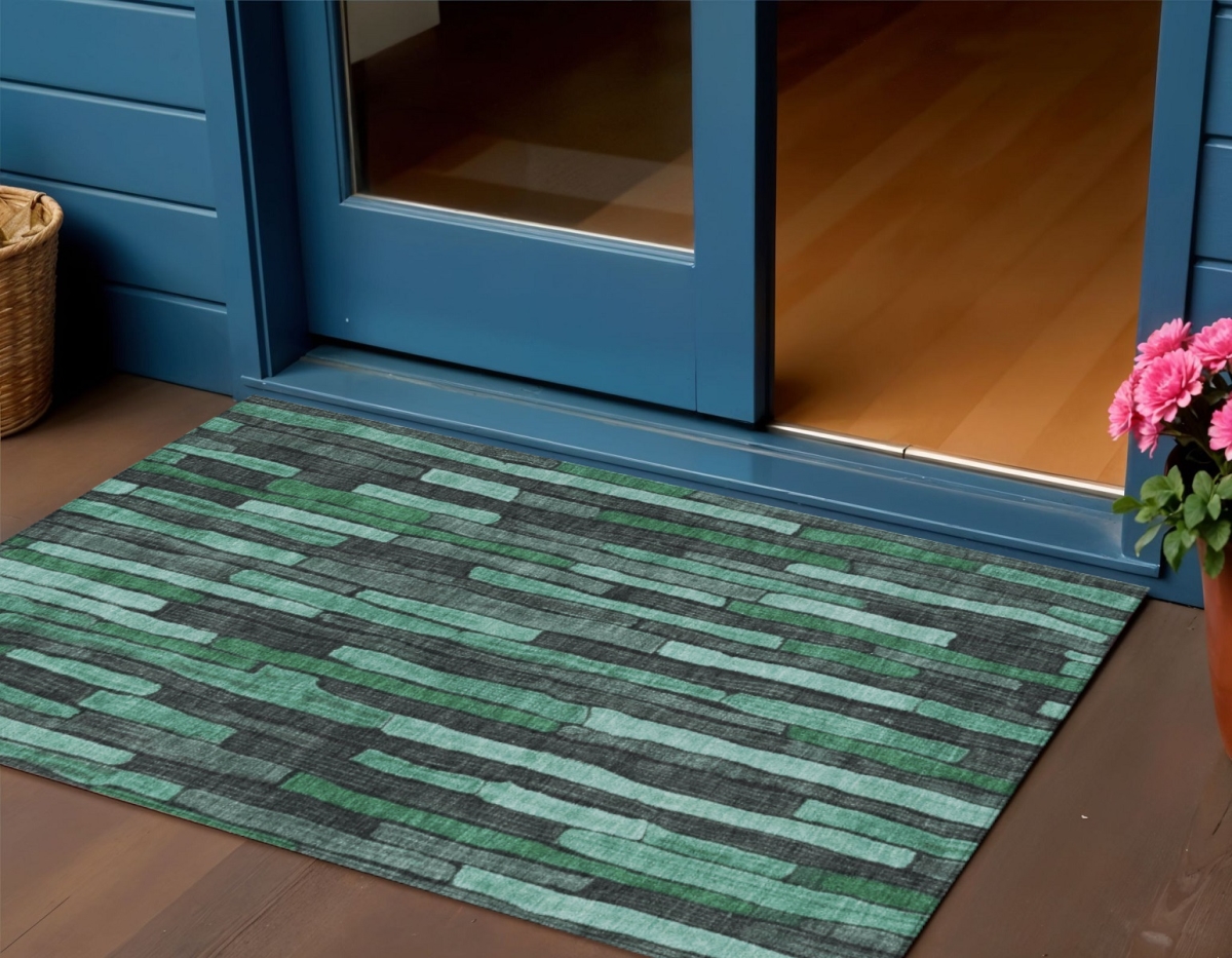608970 3 x 5 ft. Sage Teal Blue & Emerald Striped Washable Indoor & Outdoor Rectangle Area Rug