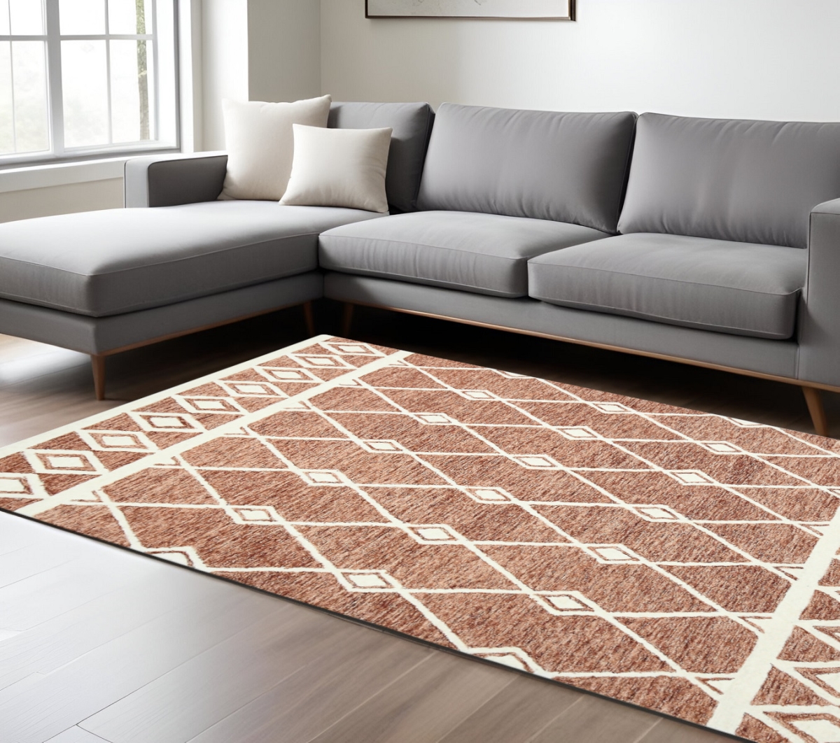570438 9 x 13 ft. Rust & Ivory Wool Argyle Hand Hooked Rectangle Area Rug