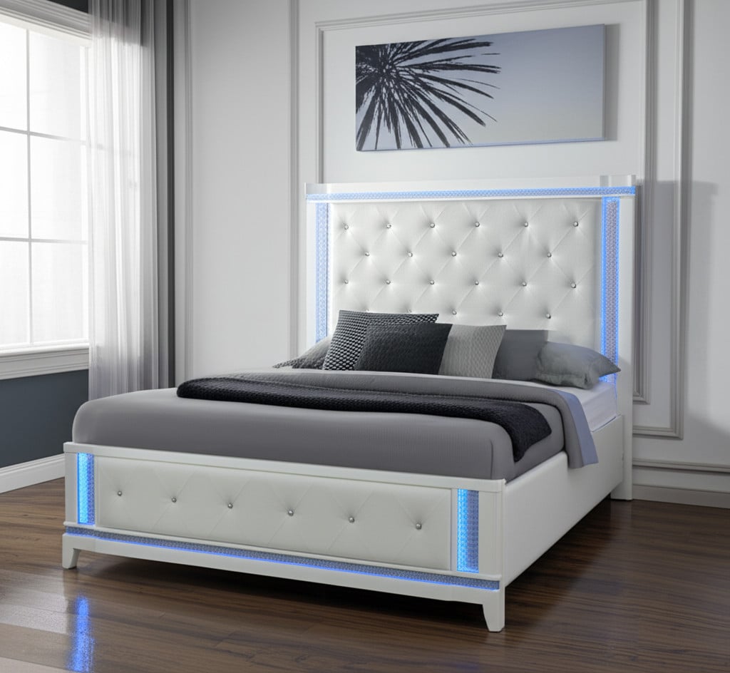 634330 White Faux Crystal Bling Wood & Tufted Cotton Lighted Queen Bed Frame