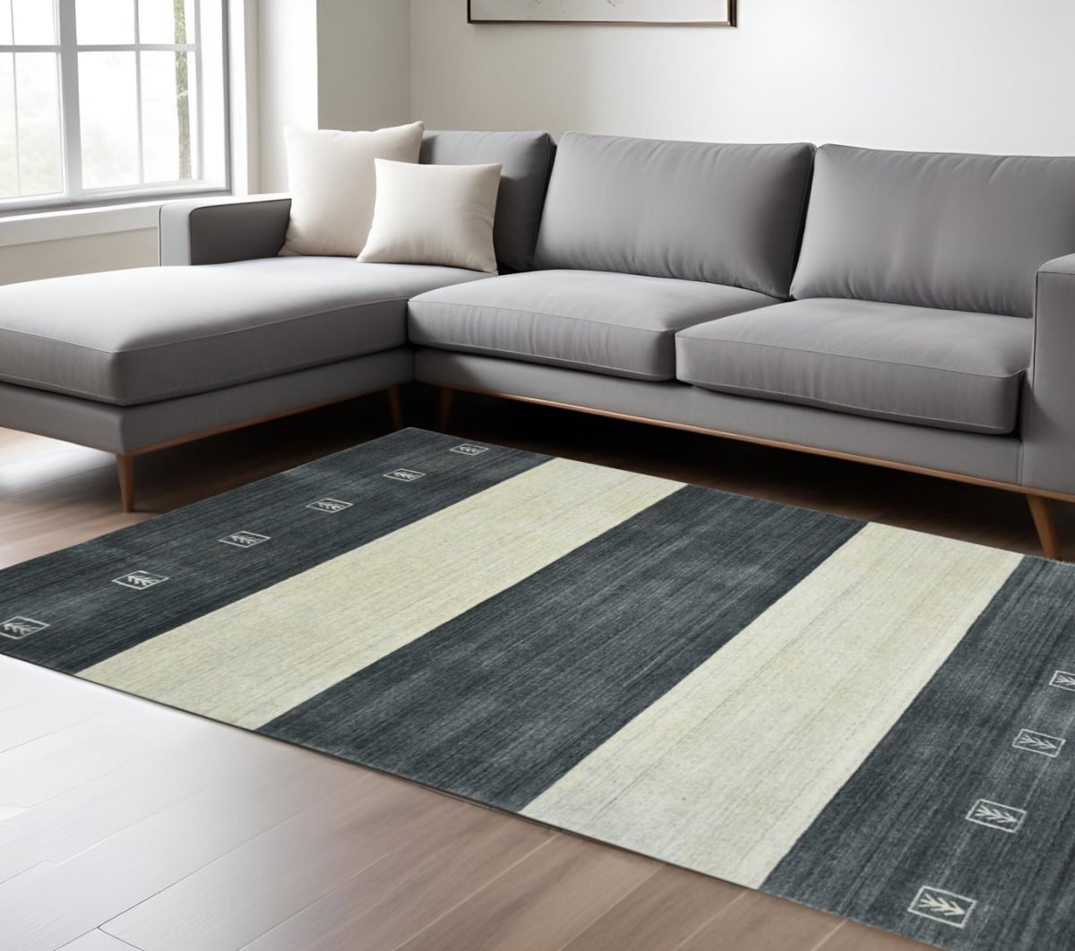 570701 10 ft. x 14 ft. Charcoal & Ivory Wool Striped Hand Woven Area Rug