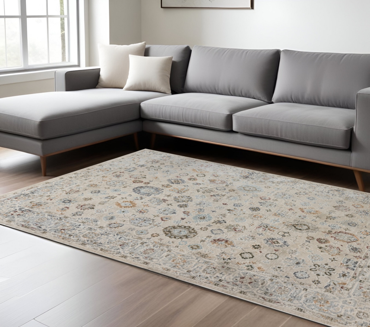 570810 8 x 11 ft. Ivory Blue & Gray Floral Medallion Rectangle Area Rug