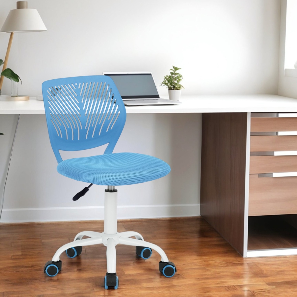 568061 Blue & White Adjustable Height Swivel Rolling Office Chair