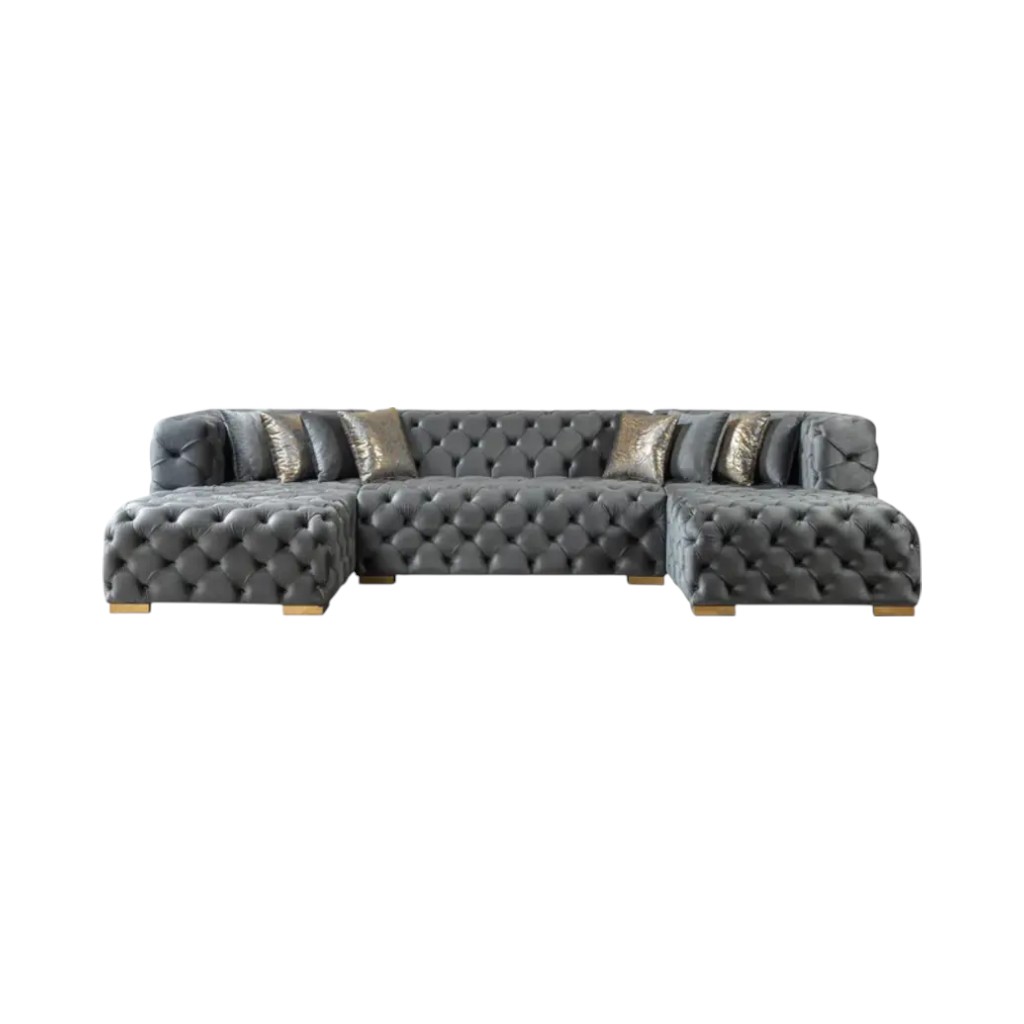 642272 Tufted Gray Velvet Modular U Shaped Sofa & Chaise Sectional with Toss Pillows