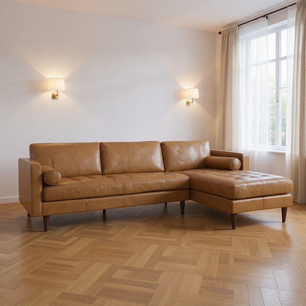607316 Tan Genuine Leather L Shaped Sofa & Chaise Sectional with Toss Pillows