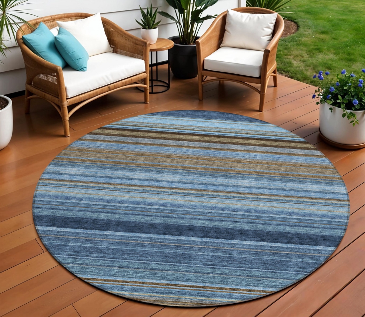 614817 8 ft. Navy Blue Sky Blue & Taupe Round Striped Washable Indoor & Outdoor Area Rug