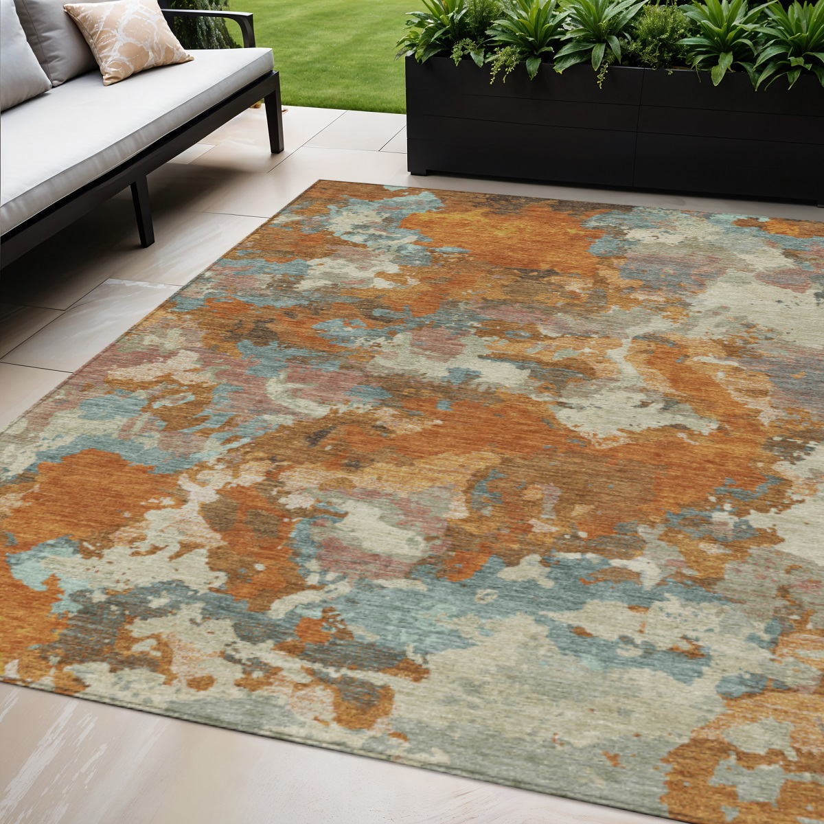 609589 5 x 8 ft. Copper & Orange Abstract Washable Indoor & Outdoor Rectangle Area Rug