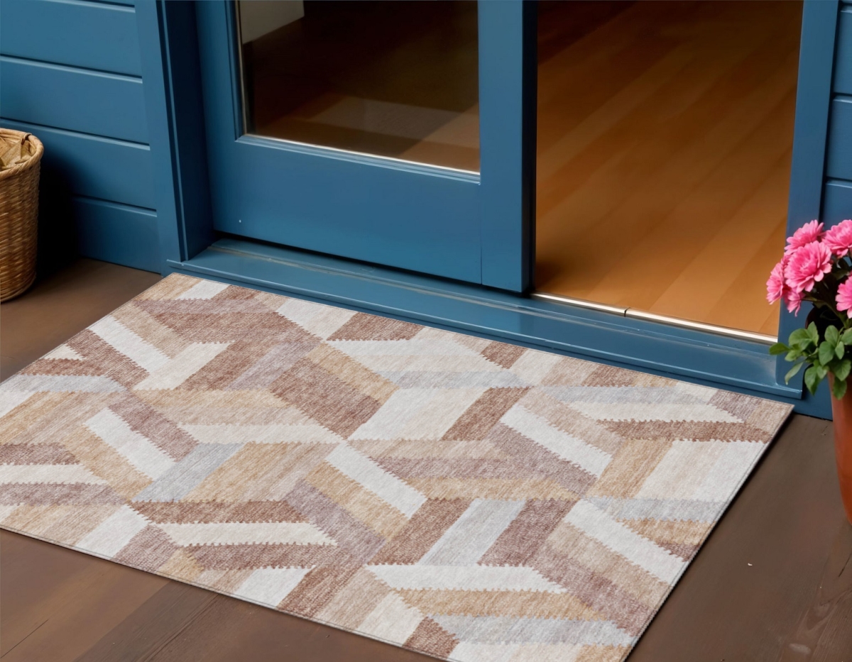 608052 3 x 5 ft. Copper Geometric Washable Indoor & Outdoor Rectangle Area Rug