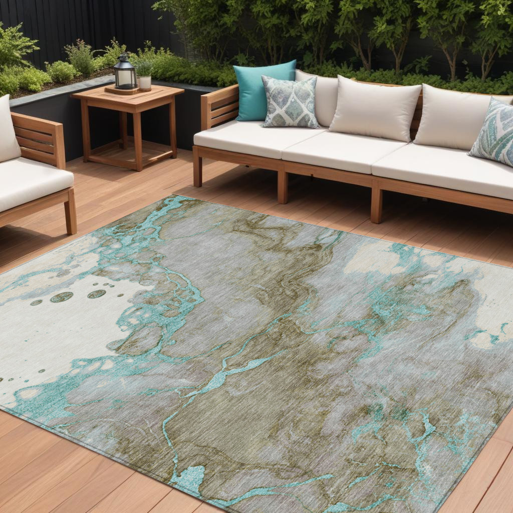 631895 9 x 12 ft. Teal Blue & Brown Abstract Washable Indoor & Outdoor Rectangle Area Rug
