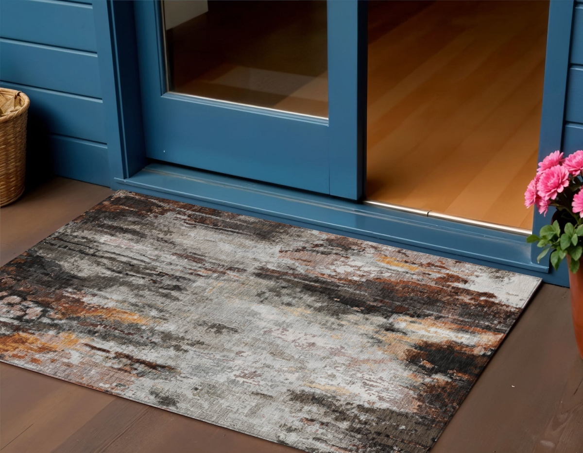 615860 3 x 5 ft. Gray Rust & Ivory Abstract Washable Indoor & Outdoor Rectangle Area Rug