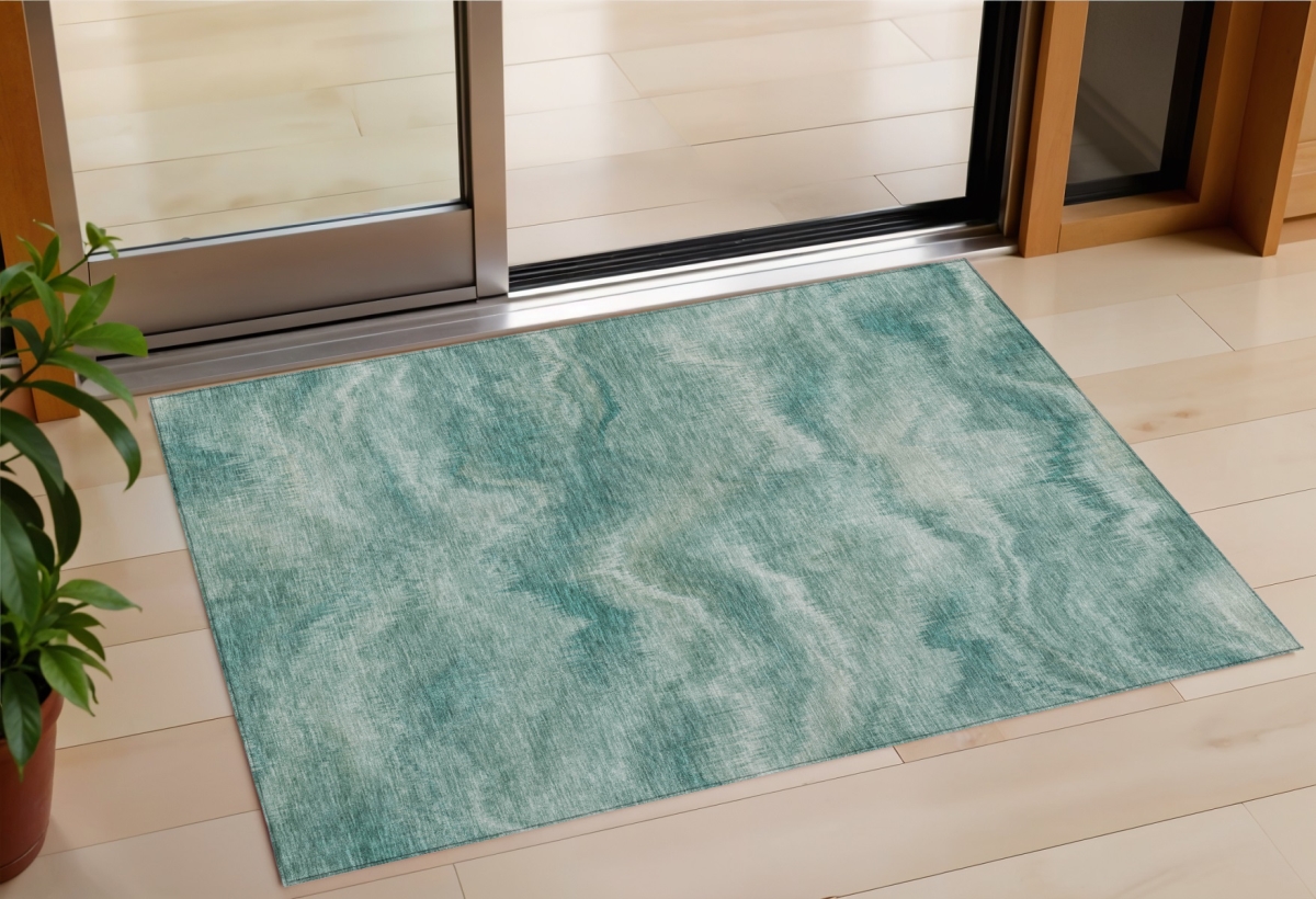 631317 3 x 5 ft. Teal Blue & Ivory Abstract Washable Indoor & Outdoor Rectangle Area Rug