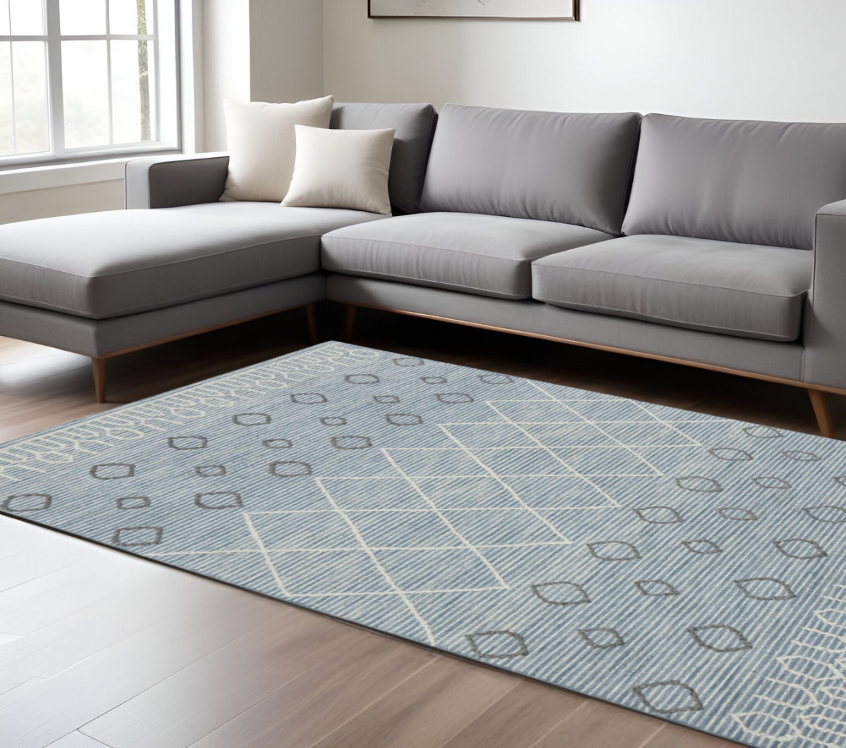 570310 9 x 13 ft. Blue Gray & Ivory Wool Geometric Hand Hooked Rectangle Area Rug