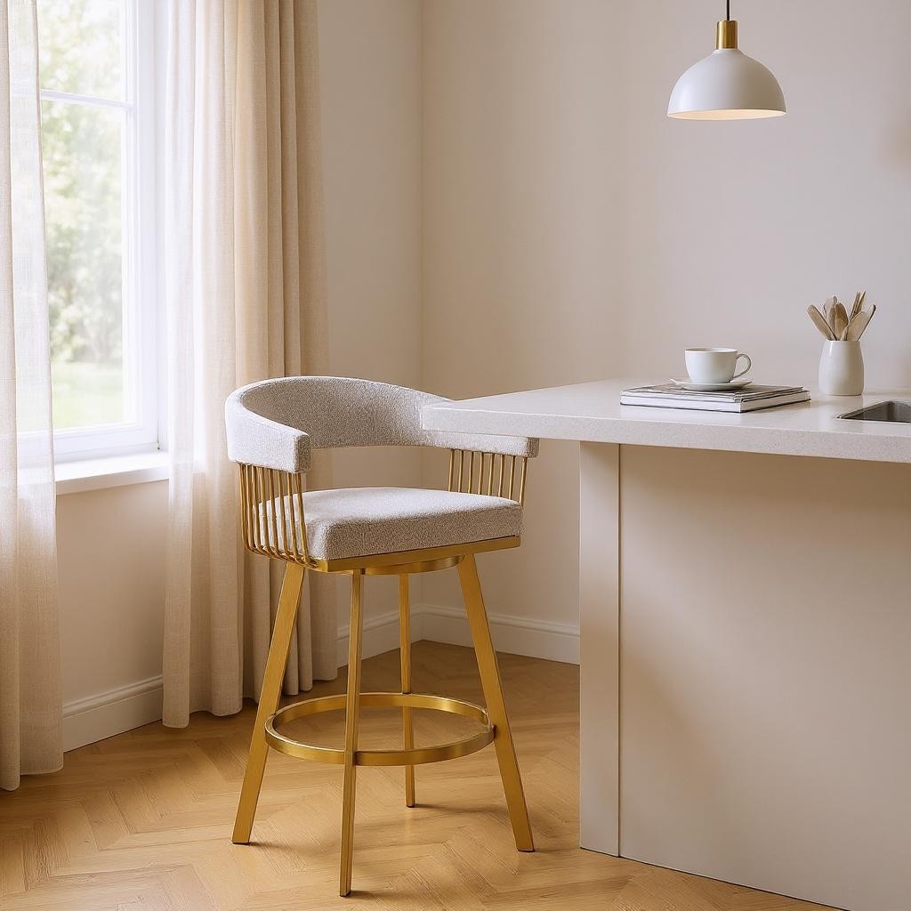 569146 26 in. Fabric & Stainless Steel Low Back Counter Height Swivel Bar Chair, Taupe & Gold