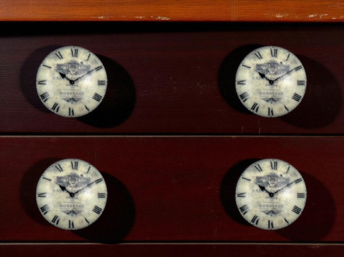 635802 Black & White Distressed Clock Face Ceramic Drawer Pull Knobs - Set of 6