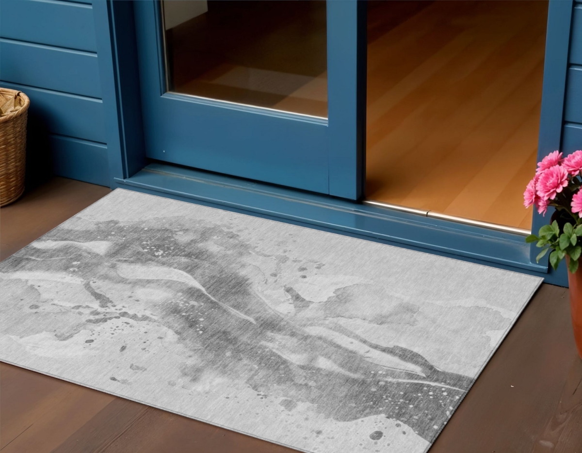 611306 3 x 5 ft. Gray & Silver Abstract Washable Indoor & Outdoor Rectangle Area Rug