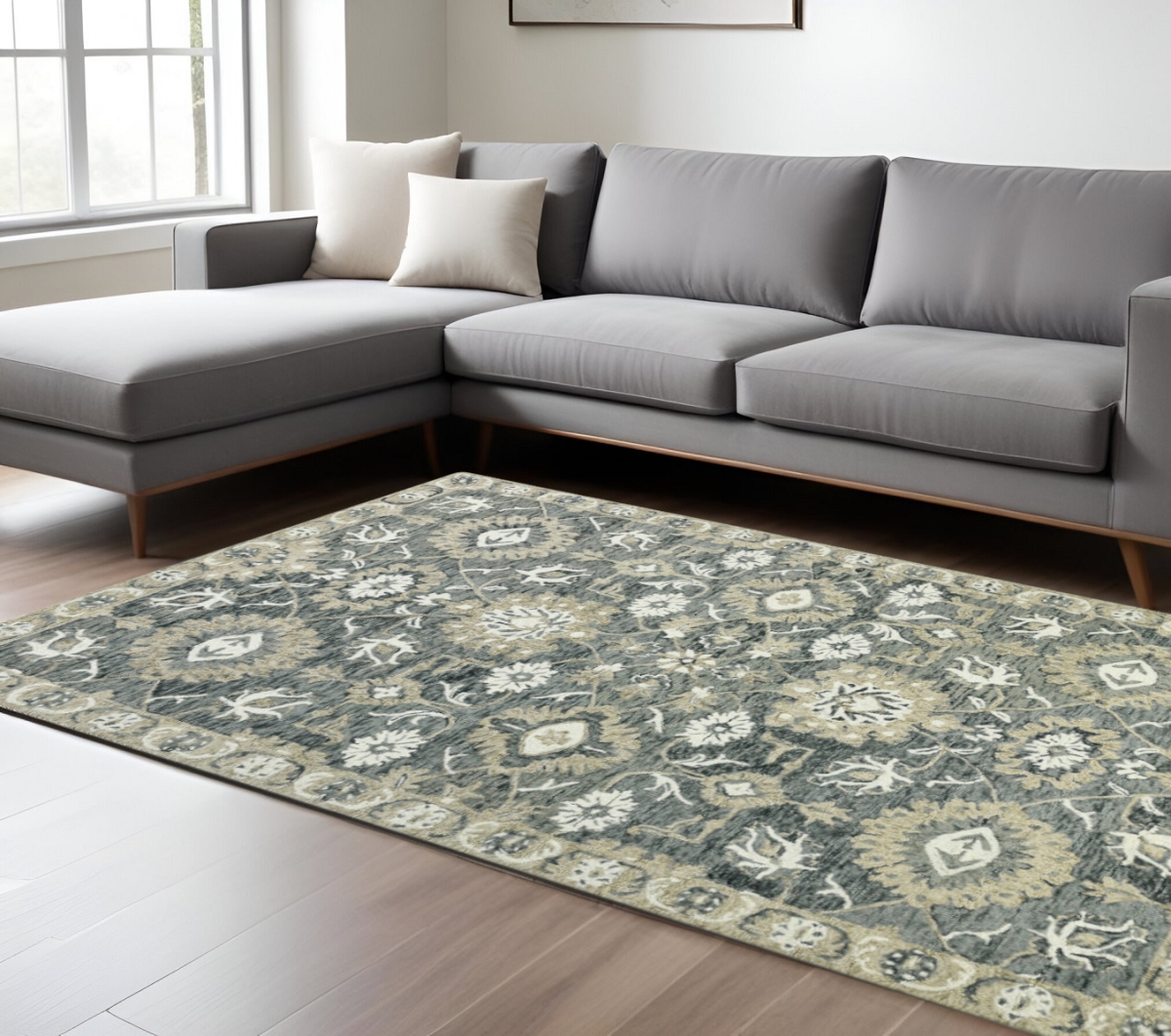 570418 9 x 13 ft. Gray Ivory & Beige Wool Floral Medallion Hand Hooked Rectangle Area Rug